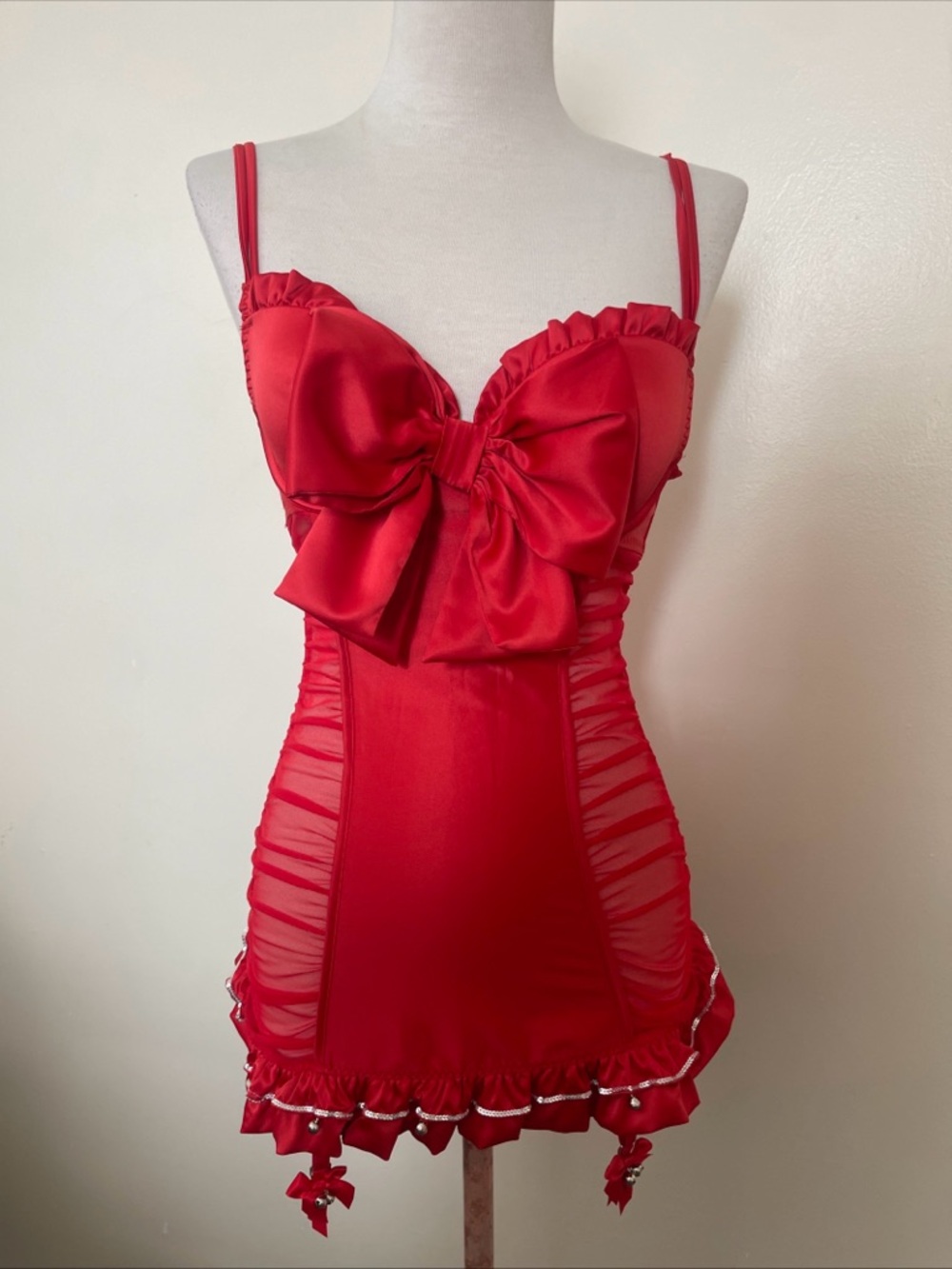 Victoria's Secret Red Satin Bow-Accent Chemise with Ruffled Hem